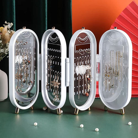 Jewellery Box Organiser with Mirror - Foldable Exquisite Dustproof Jewelry Storage Case Multi-Function Screen Shaped Metal Display Jewelry Stand for Earring - Necklace &amp; Bracelet (Random Color)